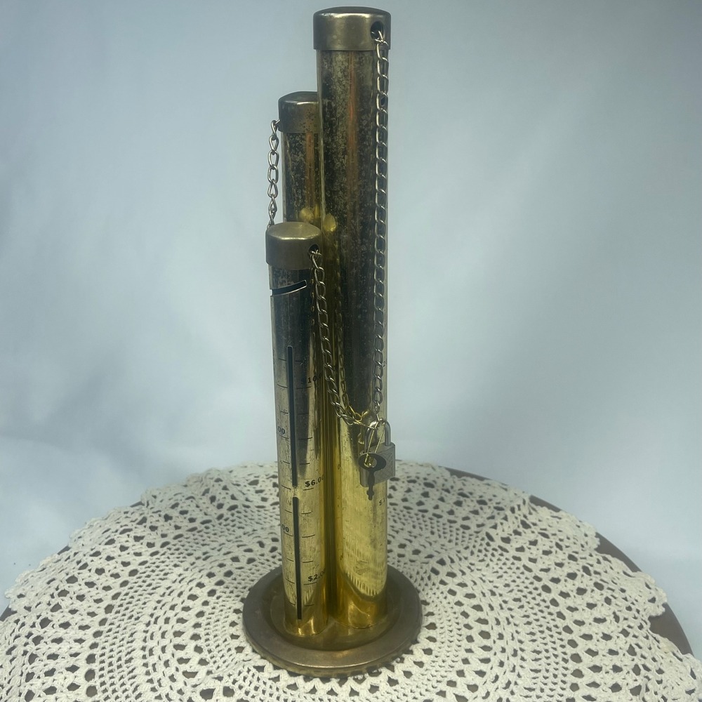 Vintage Brass Triple Column Tube Coin Bank Lock Key Quarters Nickels Dimes 11.5"